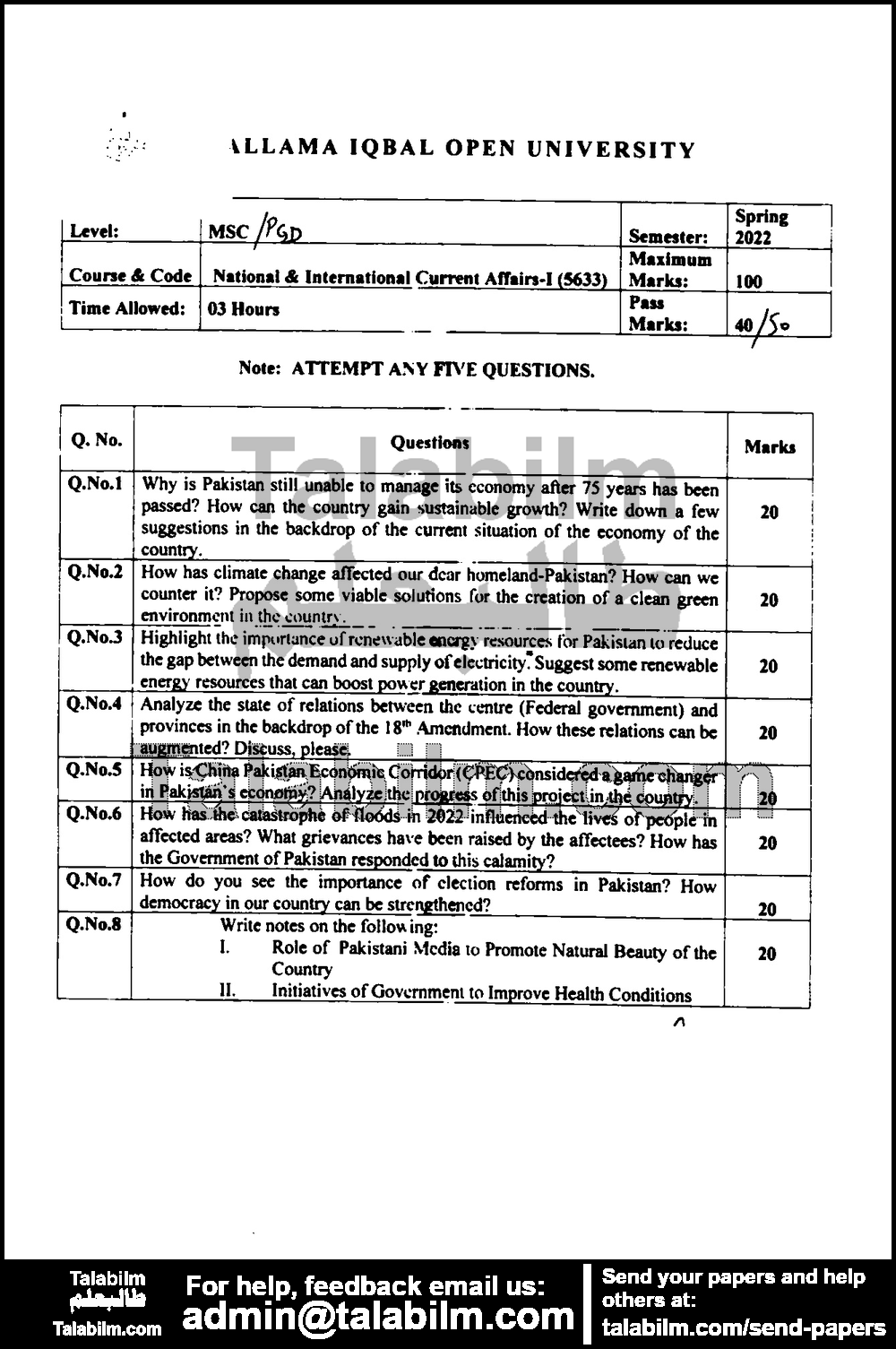 National & international Current Affairs-I 5633 past paper for Spring 2022 Page No. 2