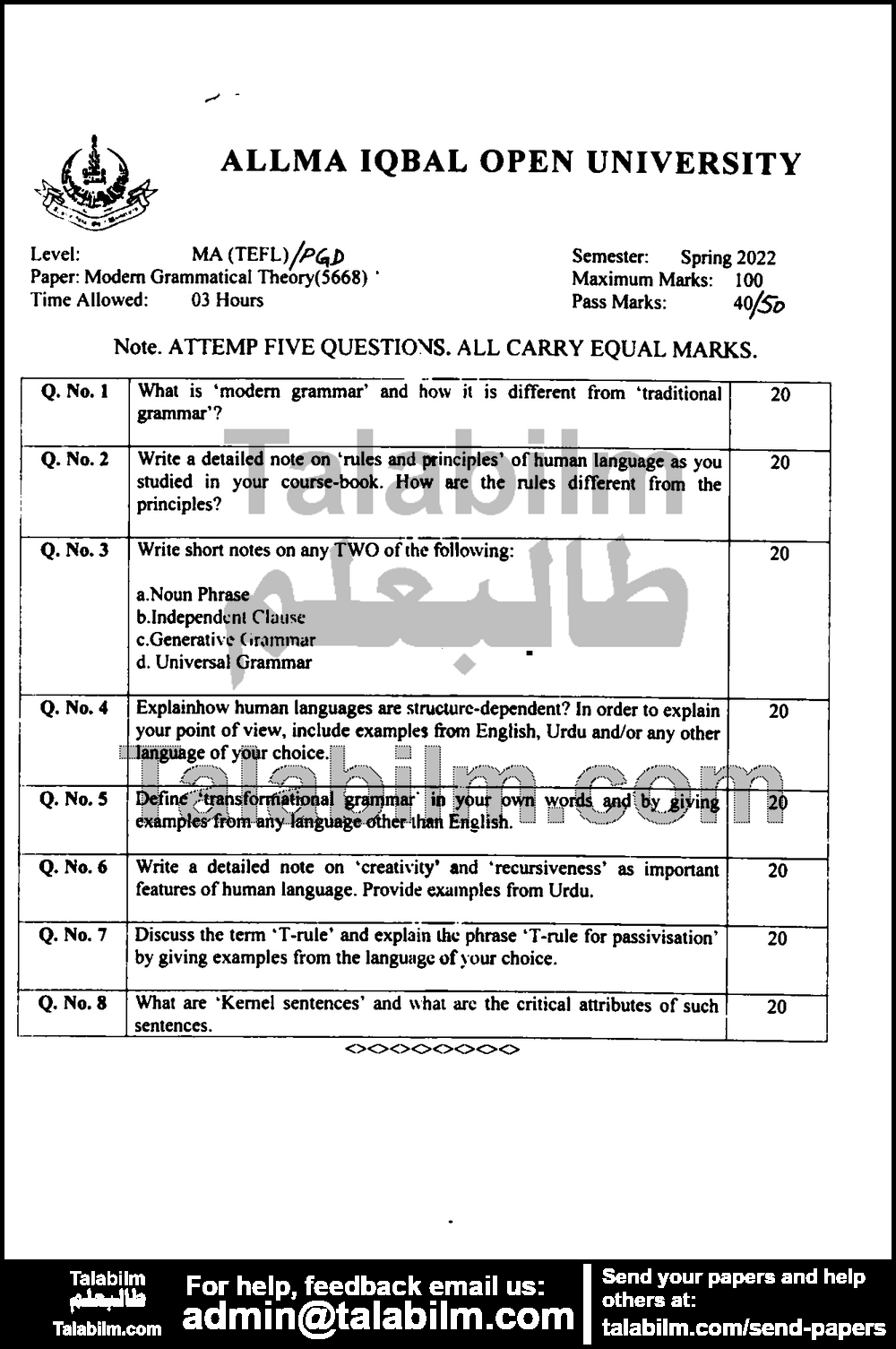 Modern Grammatical theory 5668 past paper for Spring 2022