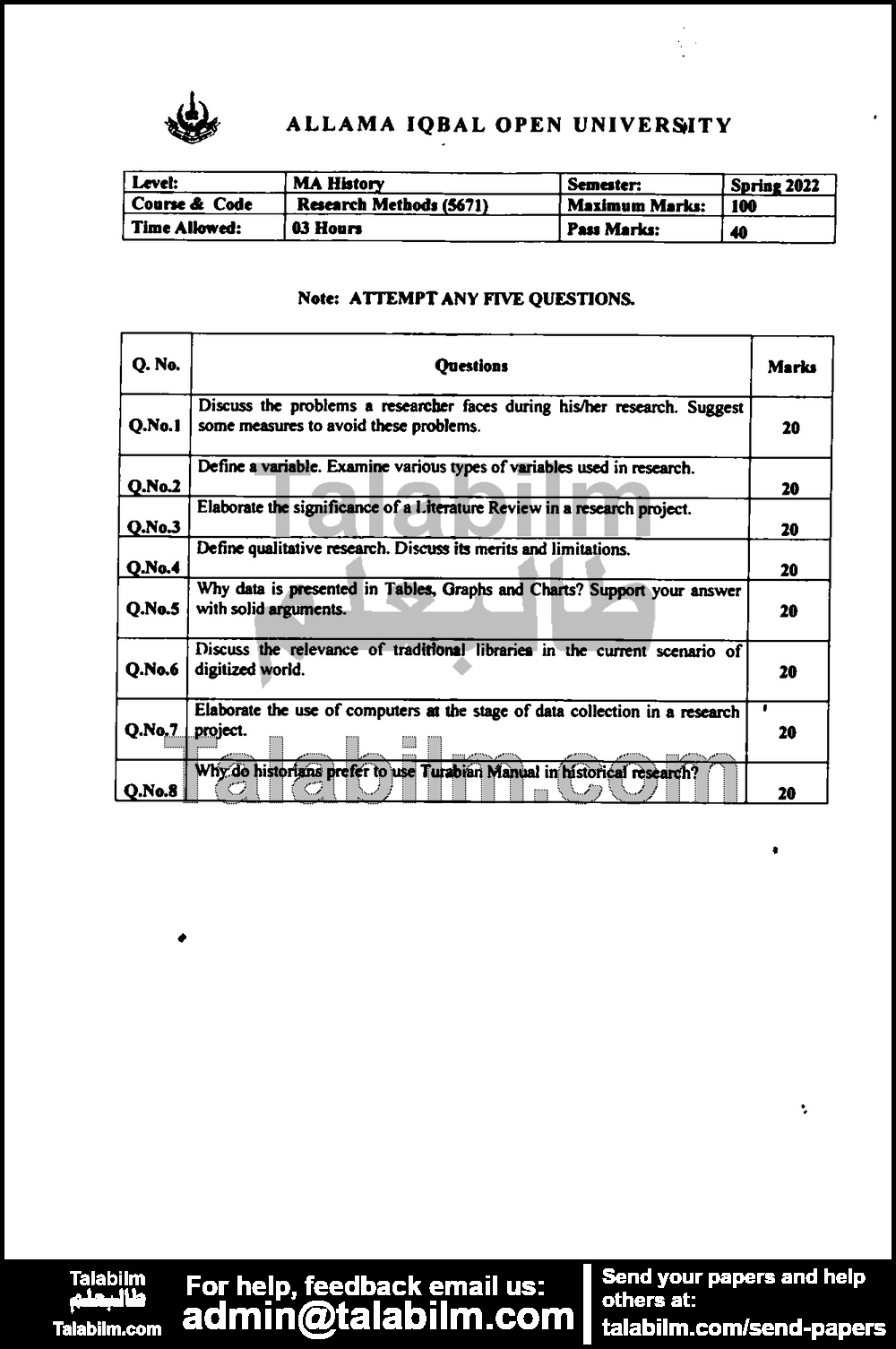 Research Methods 5671 past paper for Spring 2022