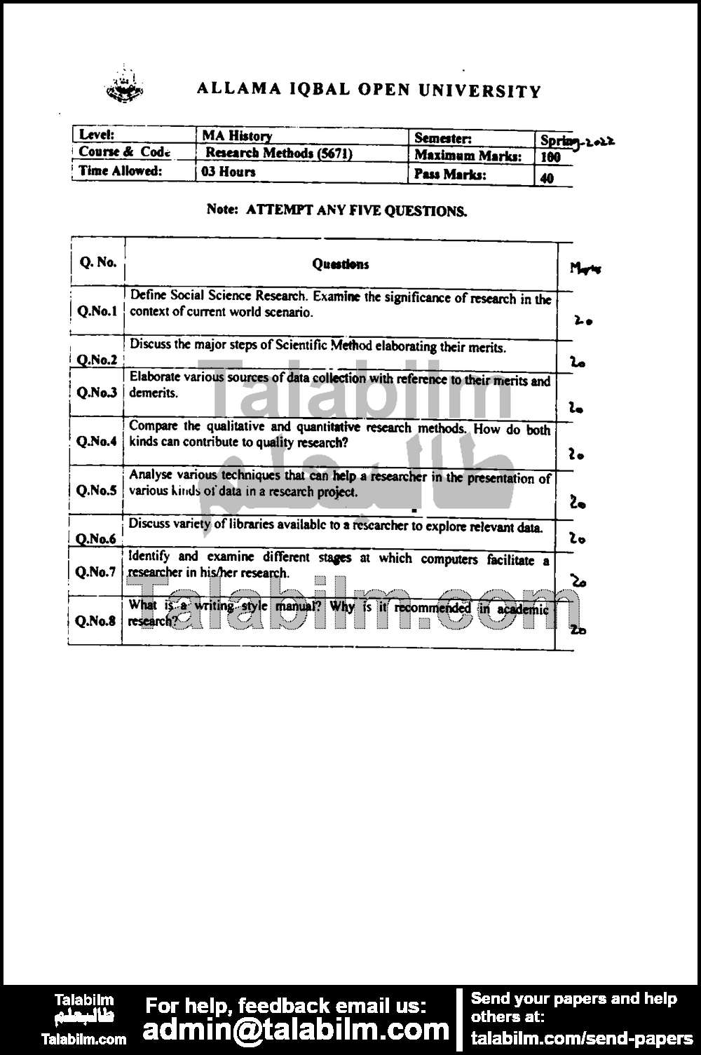 Research Methods 5671 past paper for Spring 2022 Page No. 2