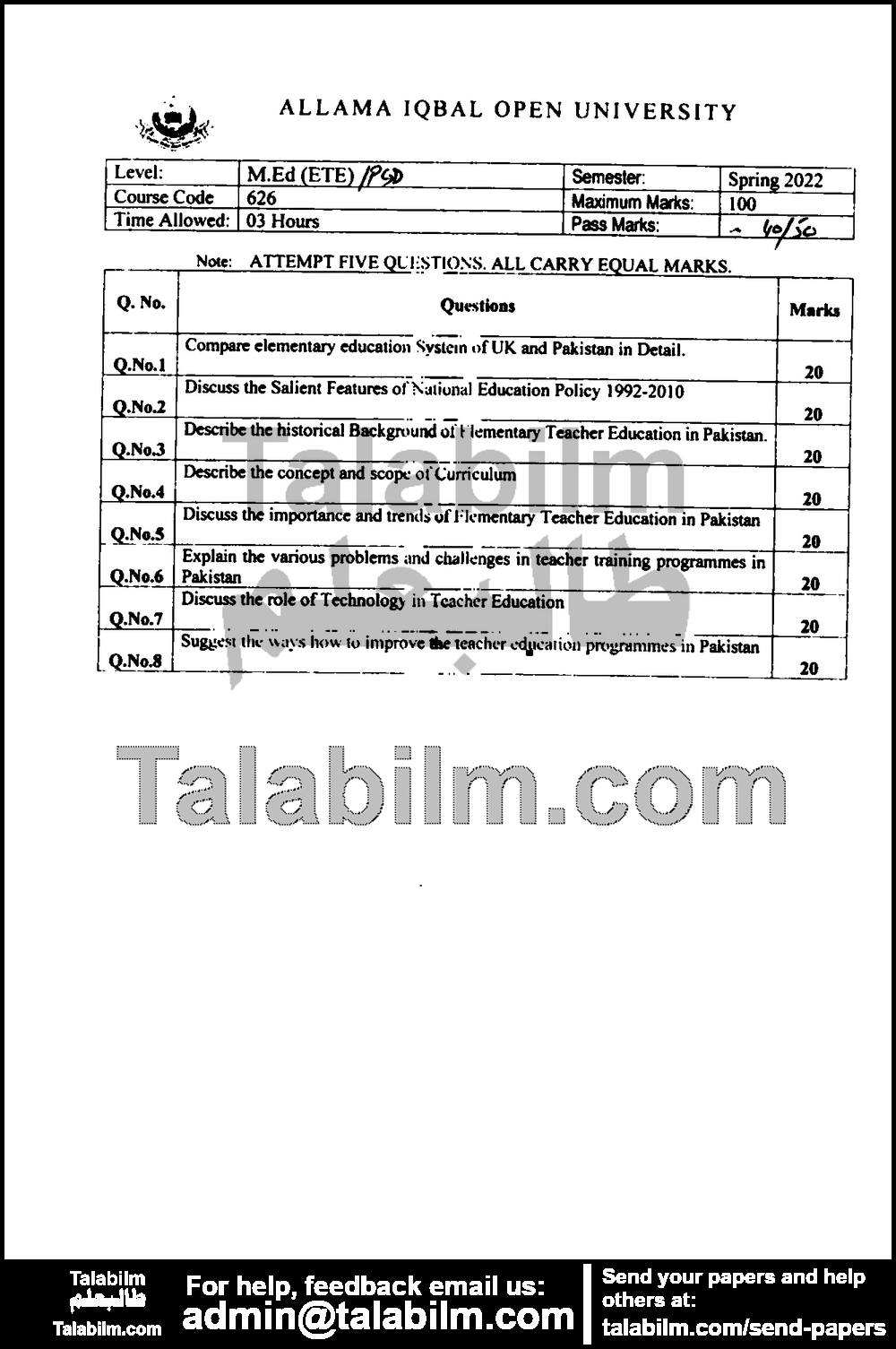 Elementary Teacher Education 626 past paper for Spring 2022