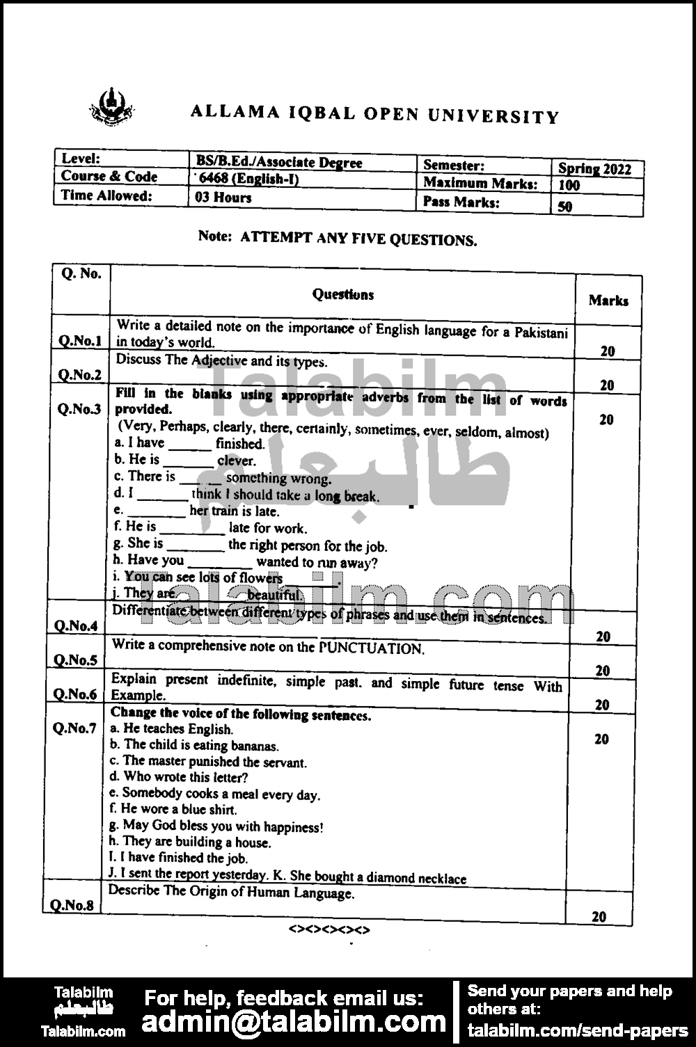 English-I 6468 past paper for Spring 2022