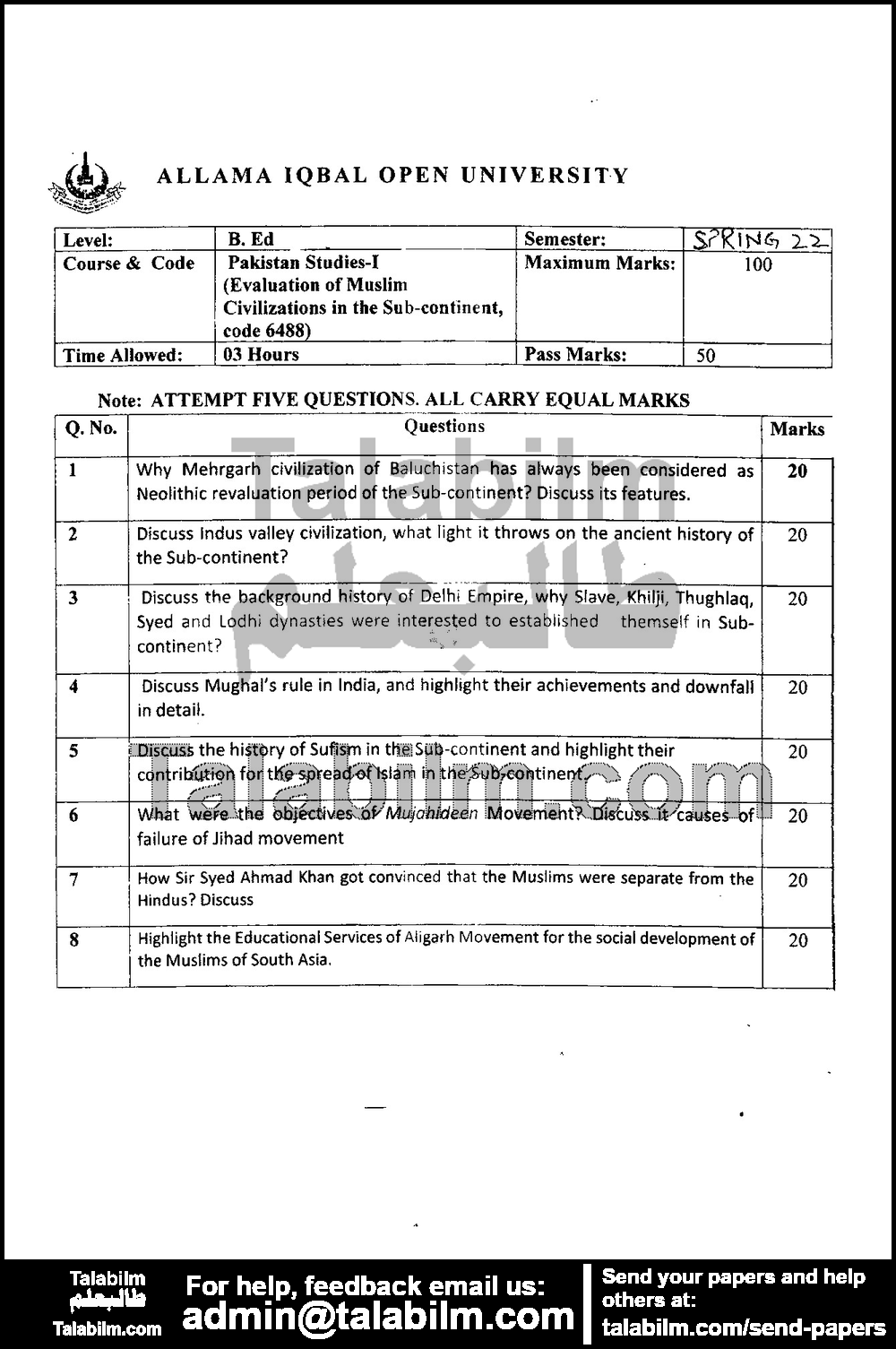 Pakistan Studies-I 6488 past paper for Spring 2022 Page No. 2