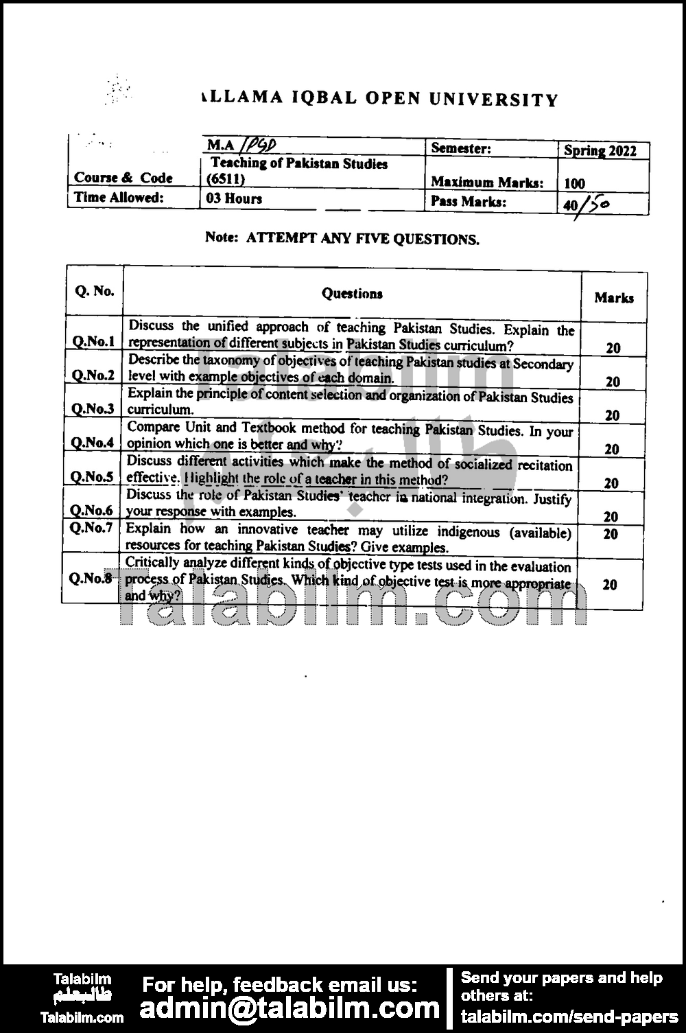 Teaching of Pakistan Studies 6511 past paper for Spring 2022 Page No. 2