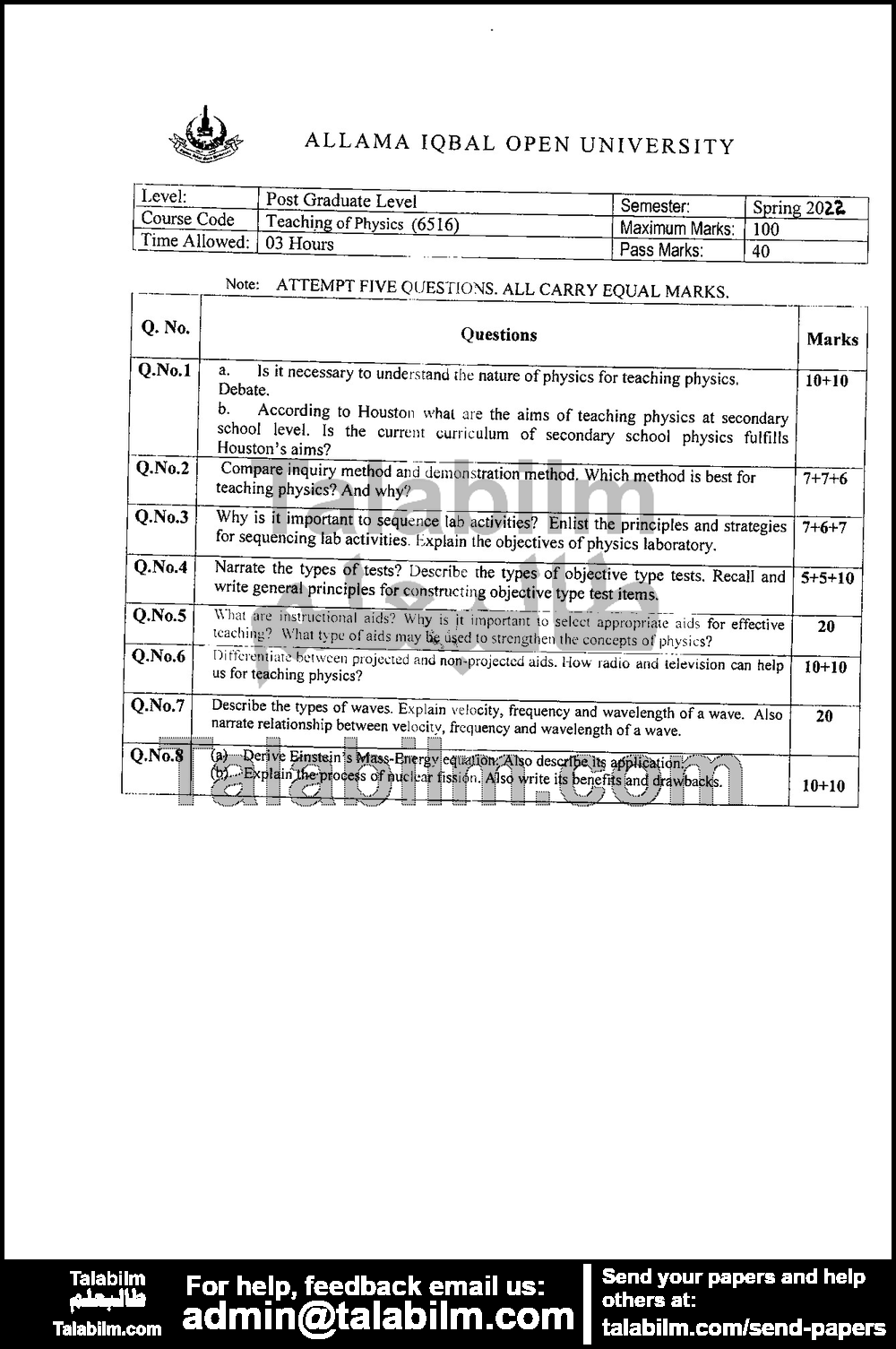 Teaching of Physics 6516 past paper for Spring 2022