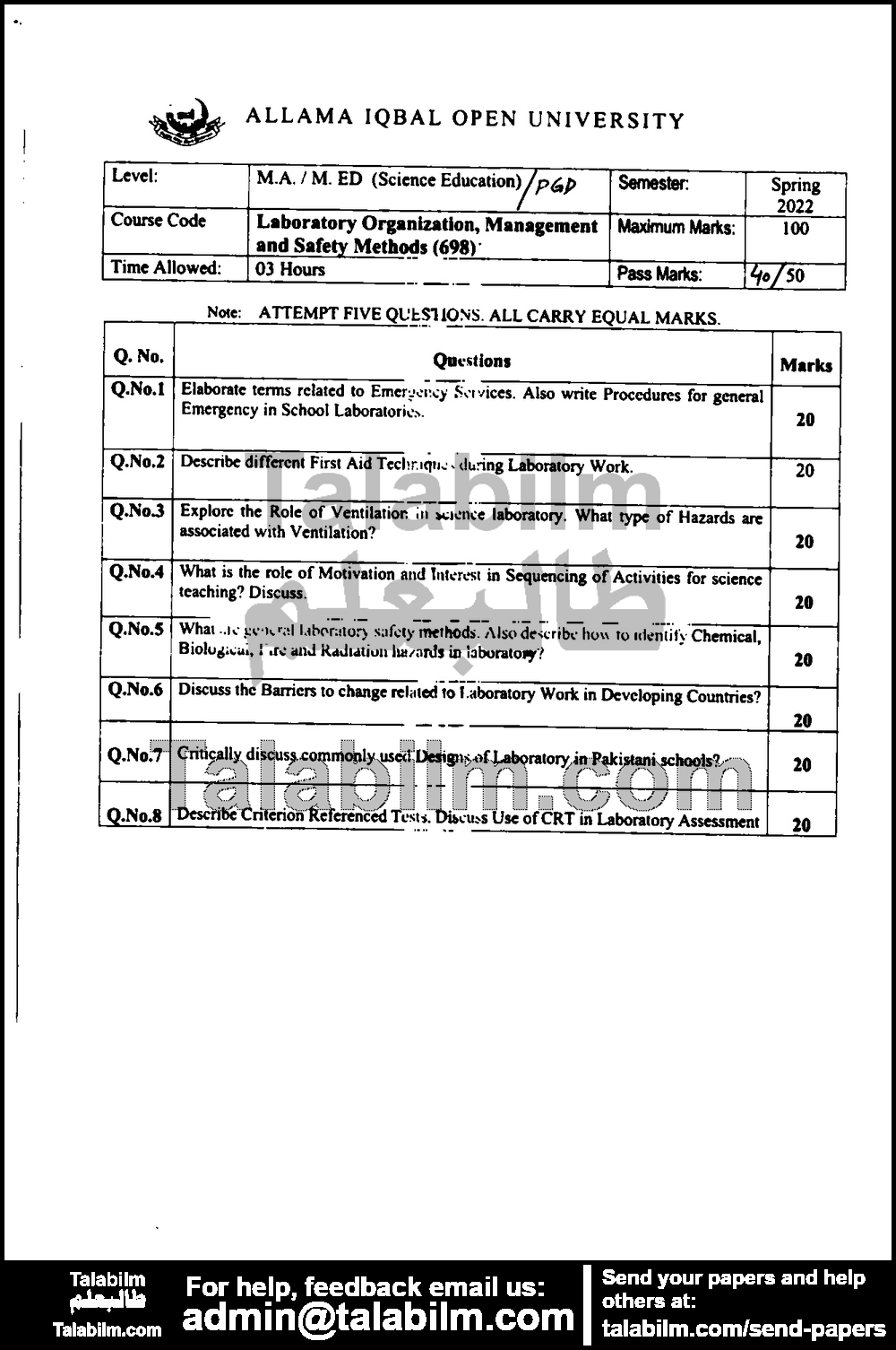 Laboratory Organization, Management And Safety Methods 698 past paper for Spring 2022 Page No. 2