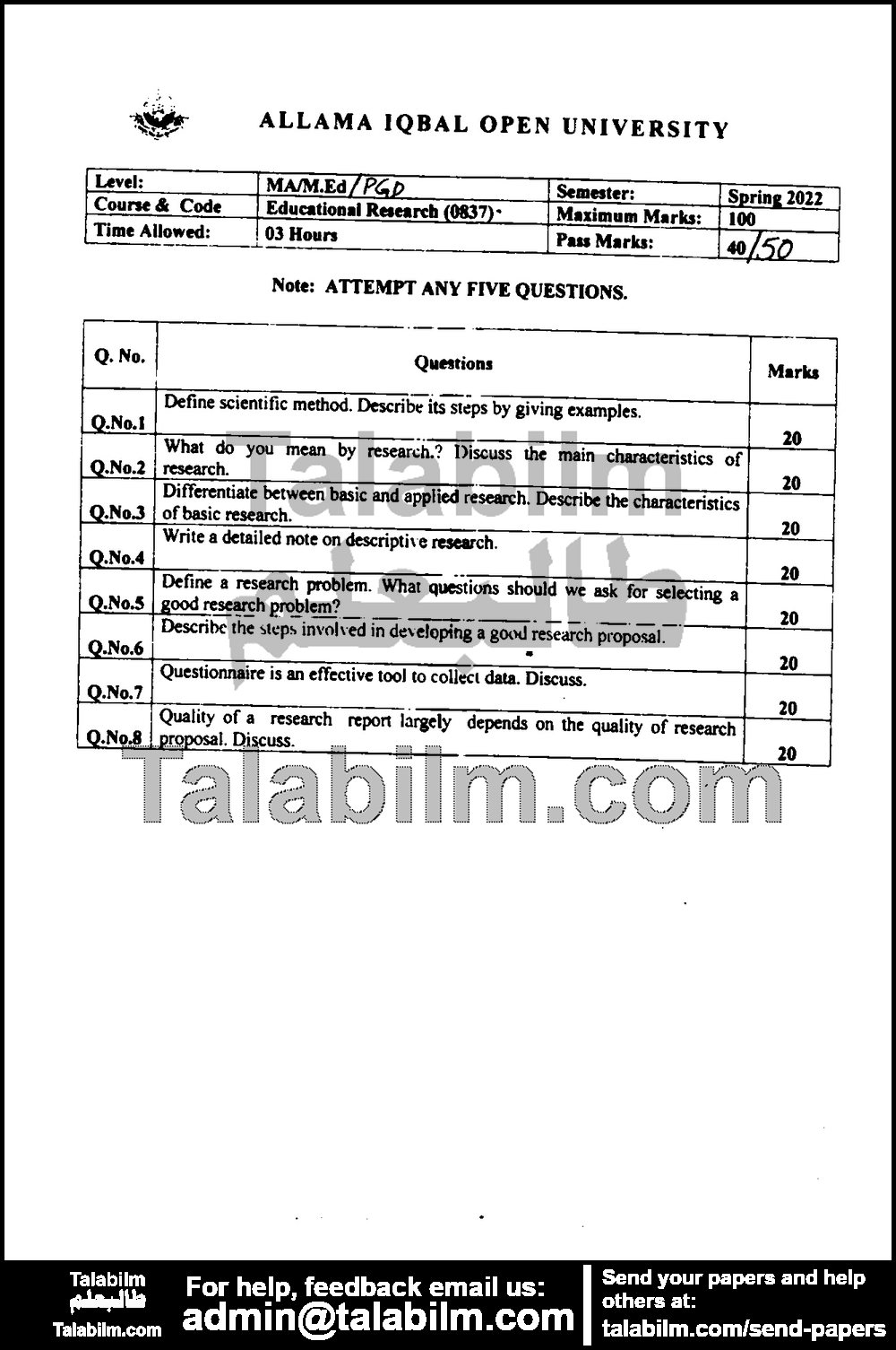 Educational Research 837 past paper for Spring 2022