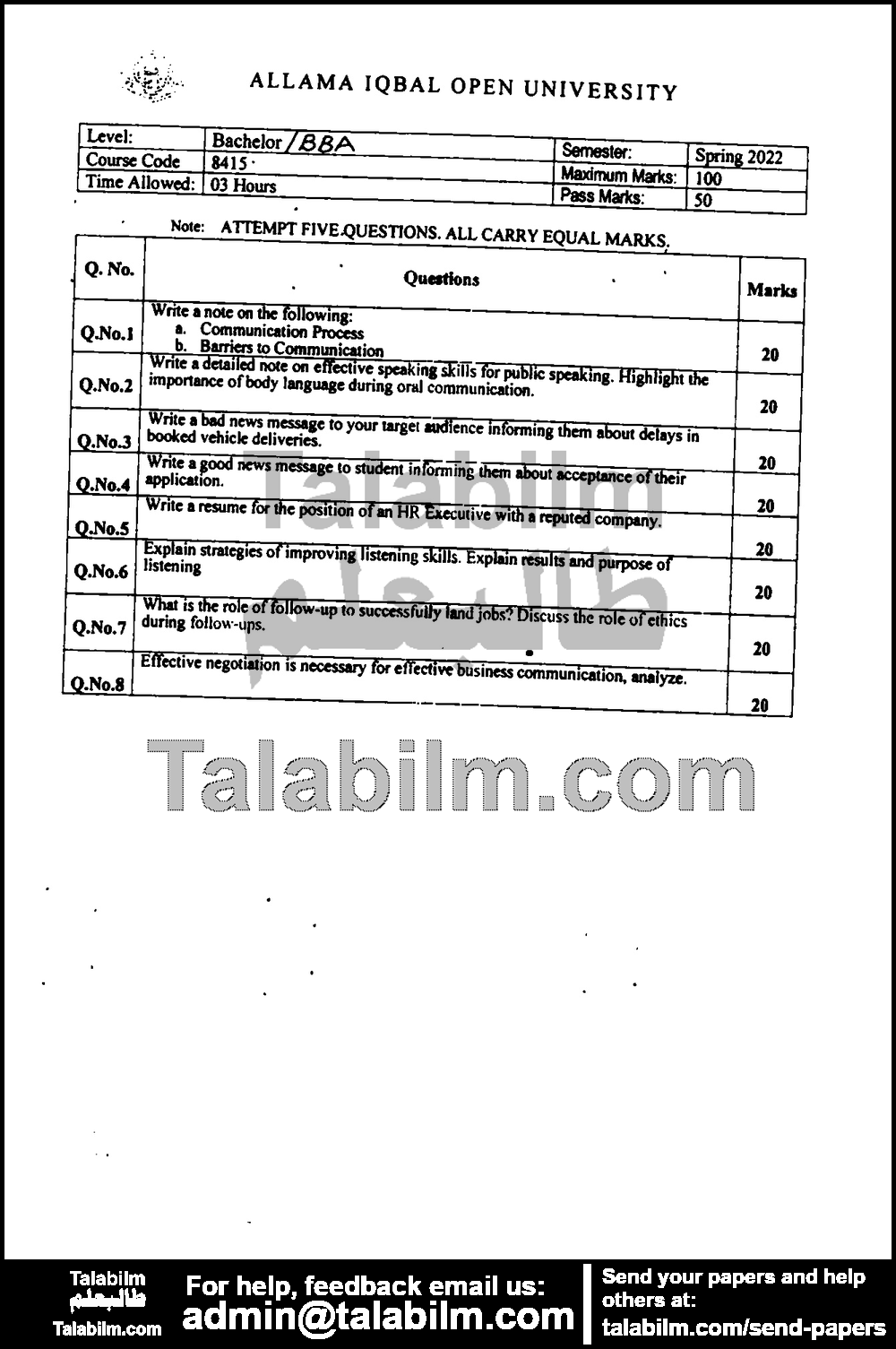 Business Communication-II 8415 past paper for Spring 2022 Page No. 2