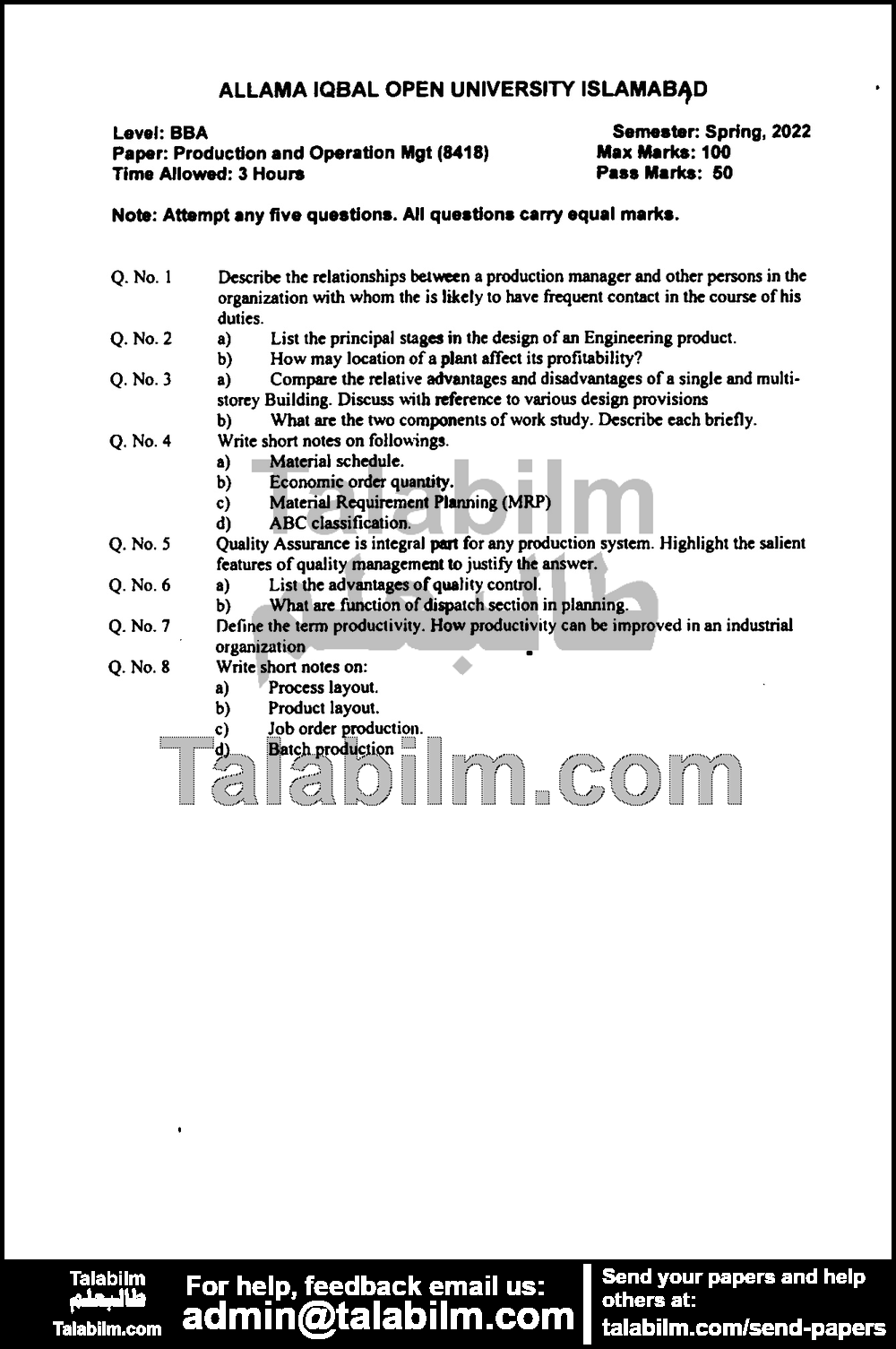 Production & Operations Management 8418 past paper for Spring 2022