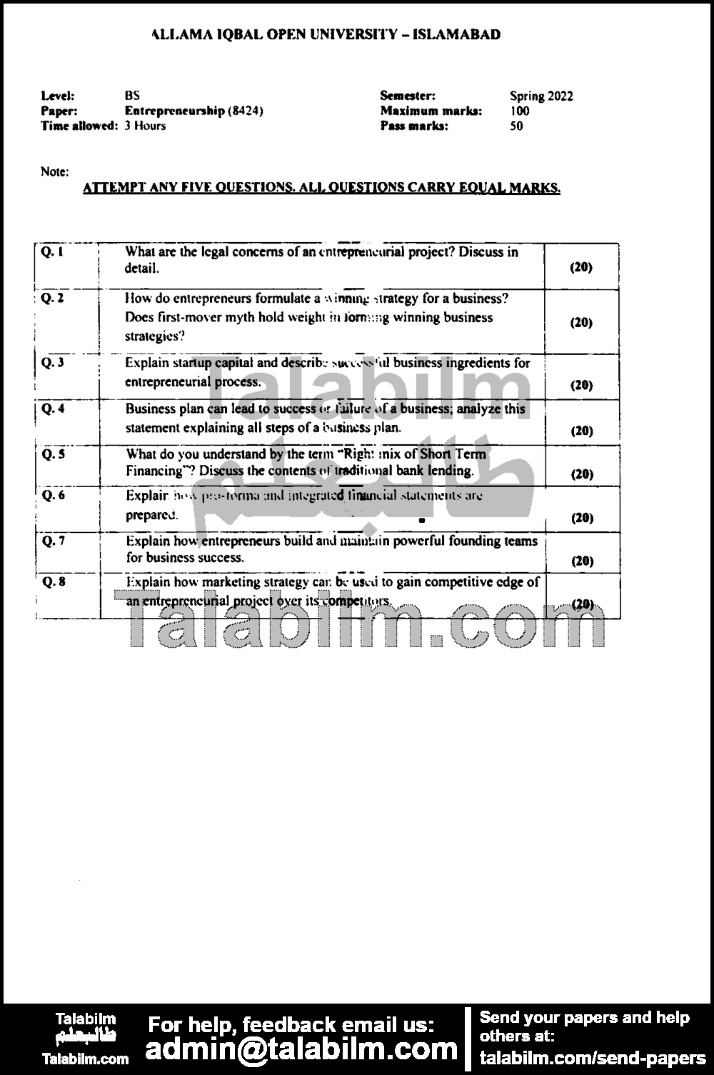 Entrepreneurship 8424 past paper for Spring 2022