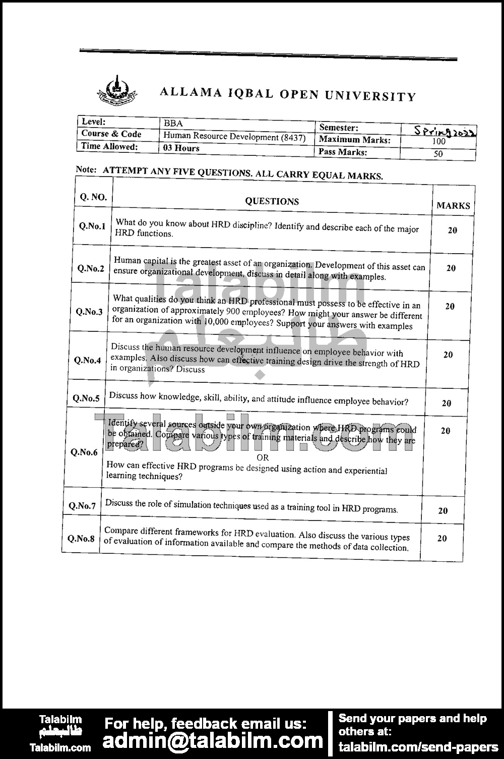 Human Resource Development 8437 past paper for Spring 2022