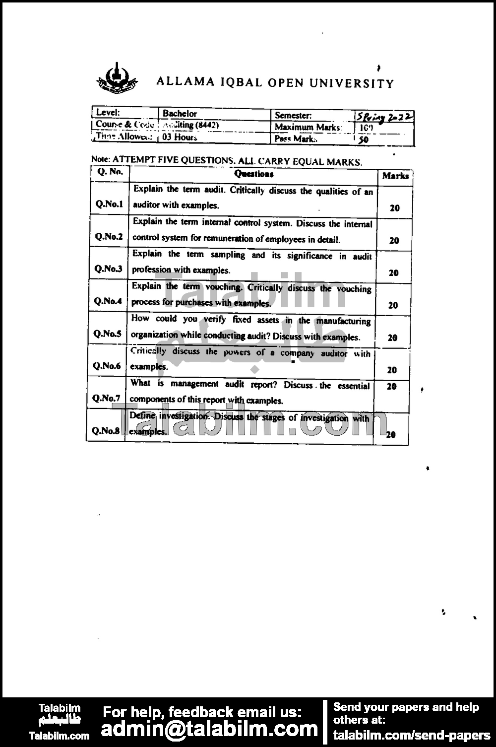 Auditing 8442 past paper for Spring 2022