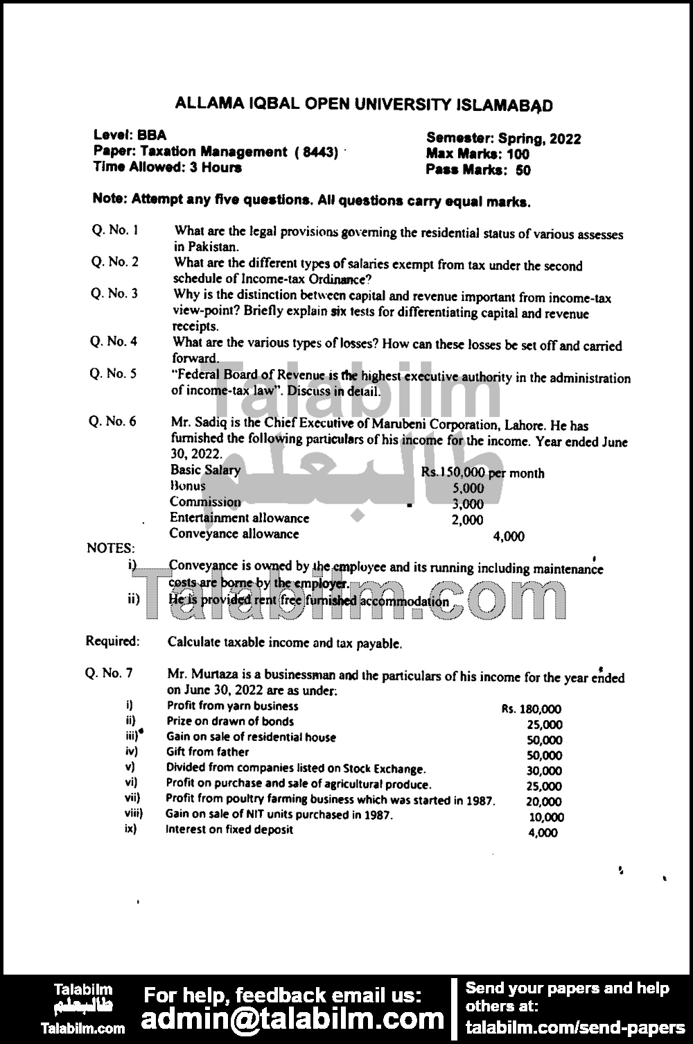 Taxation Management 8443 past paper for Spring 2022