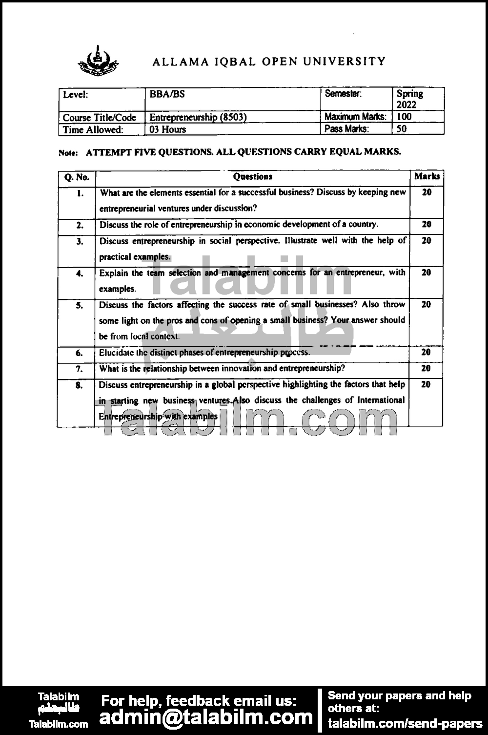 Entrepreneurship 8503 past paper for Spring 2022