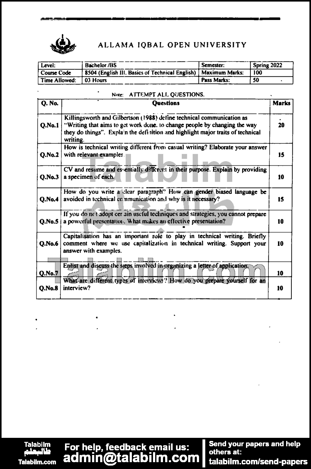 Basics of Technical English 8504 past paper for Spring 2022 Page No. 2