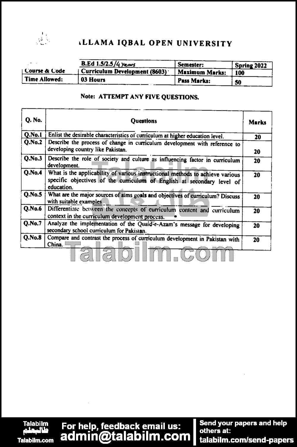 Curriculum Development (Foundation) 8603 past paper for Spring 2022 Page No. 2