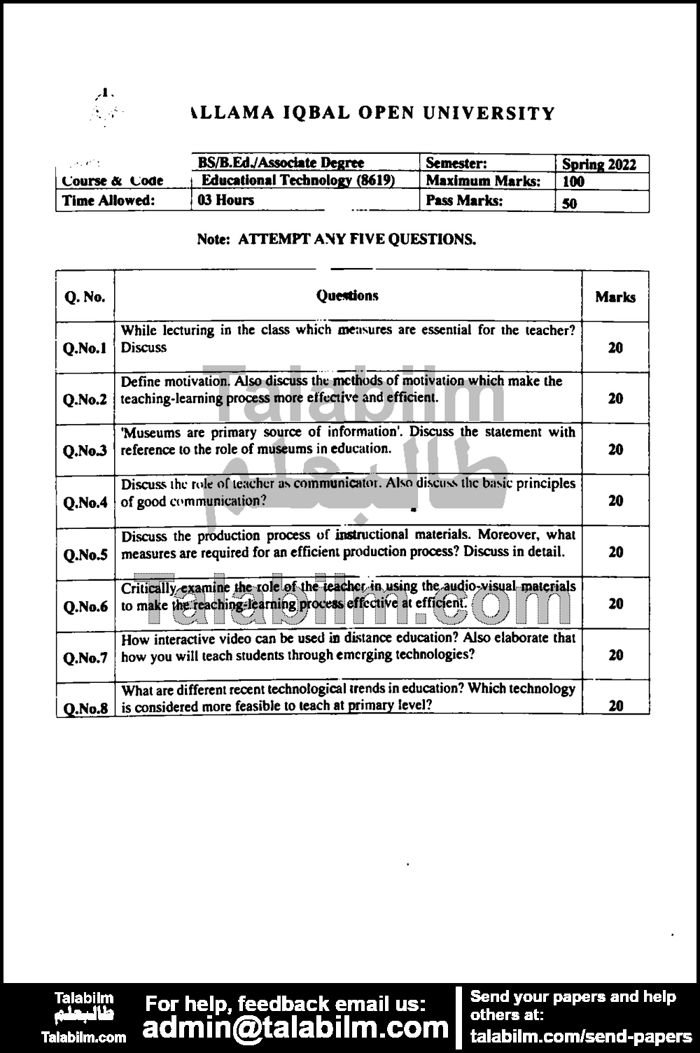 Educational Technology 8619 past paper for Spring 2022 Page No. 2