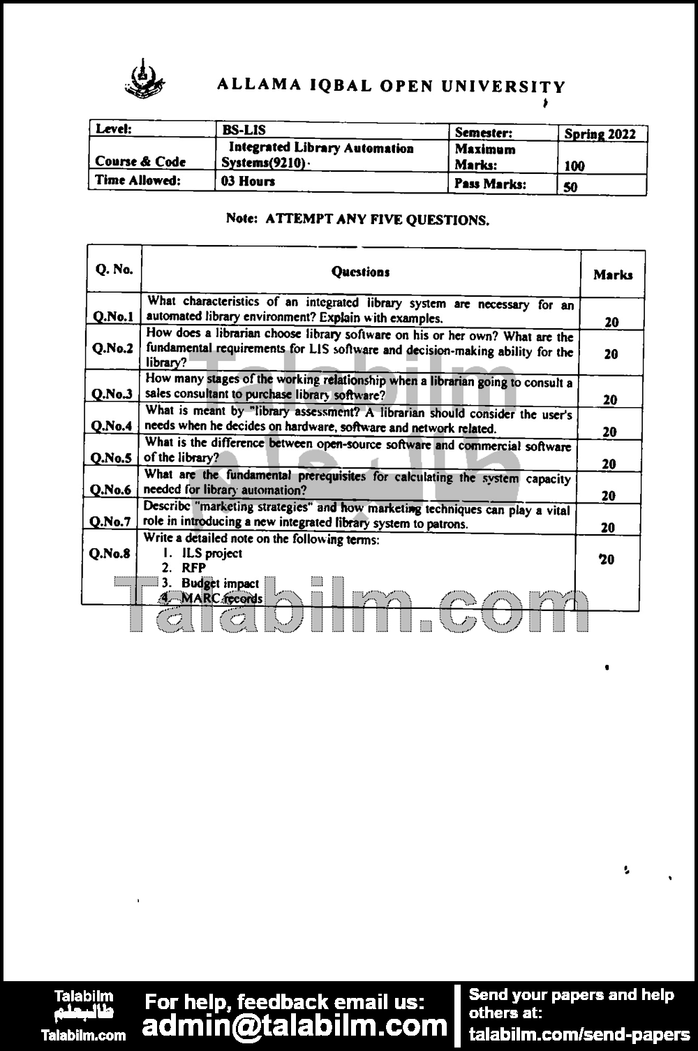 Integrated Library Automation Systems 9210 past paper for Spring 2022