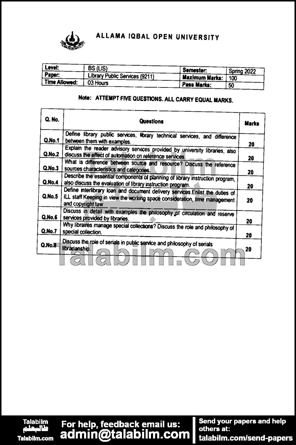 Library Public Services 9211 past paper for Spring 2022