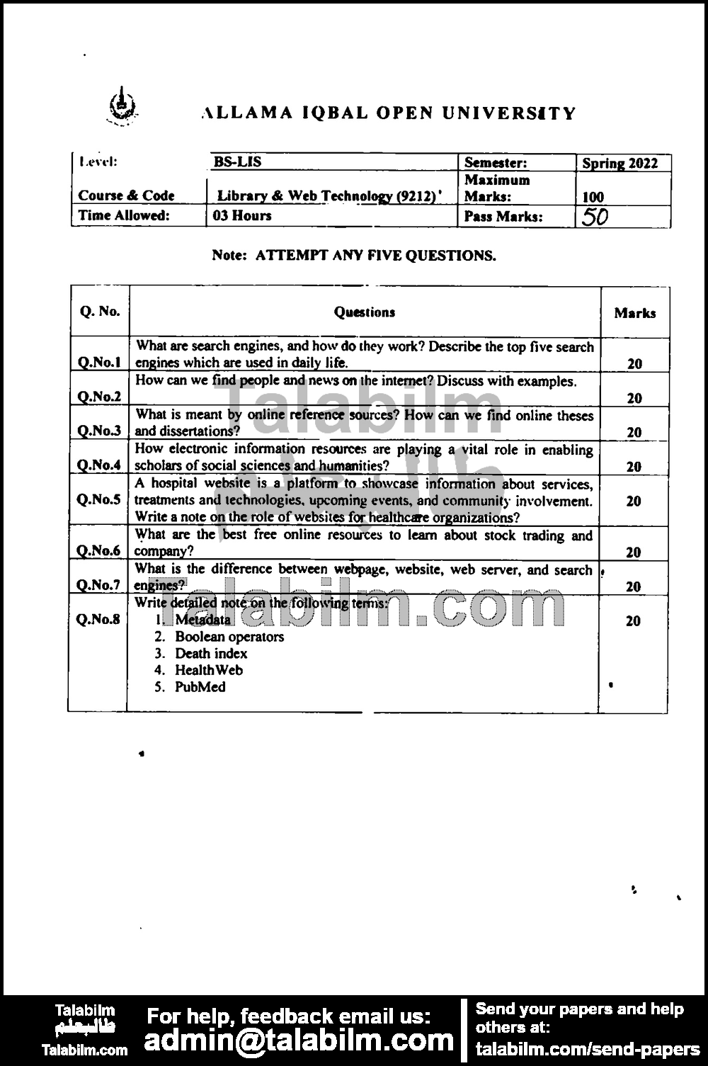 Library and Web Technology 9212 past paper for Spring 2022