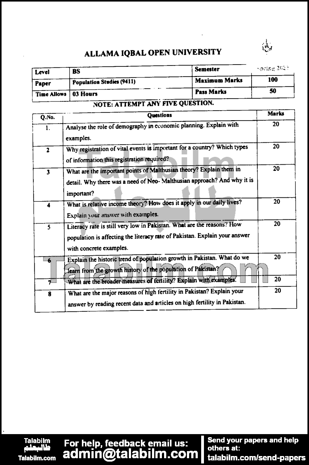 Population Studies (ODL) 9411 past paper for Spring 2022