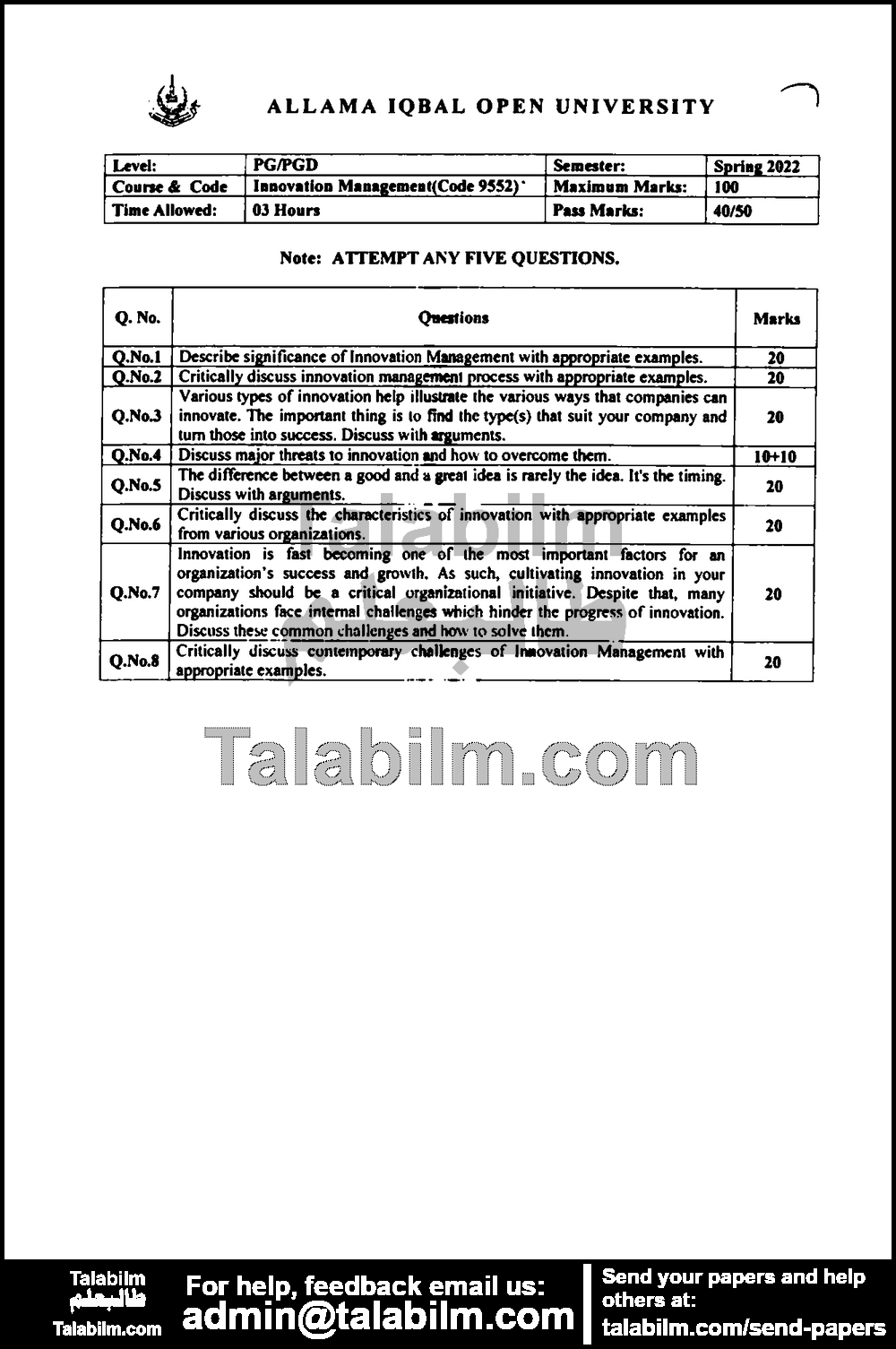 Innovation Management 9552 past paper for Spring 2022