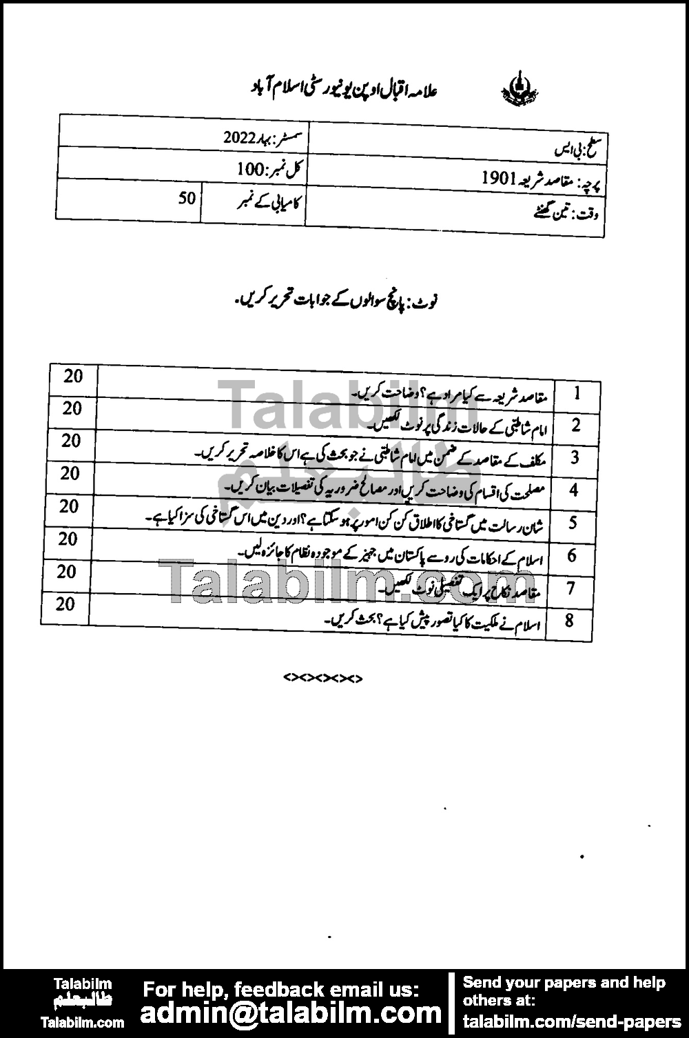 Objectives of Shariah 1901 past paper for Spring 2022