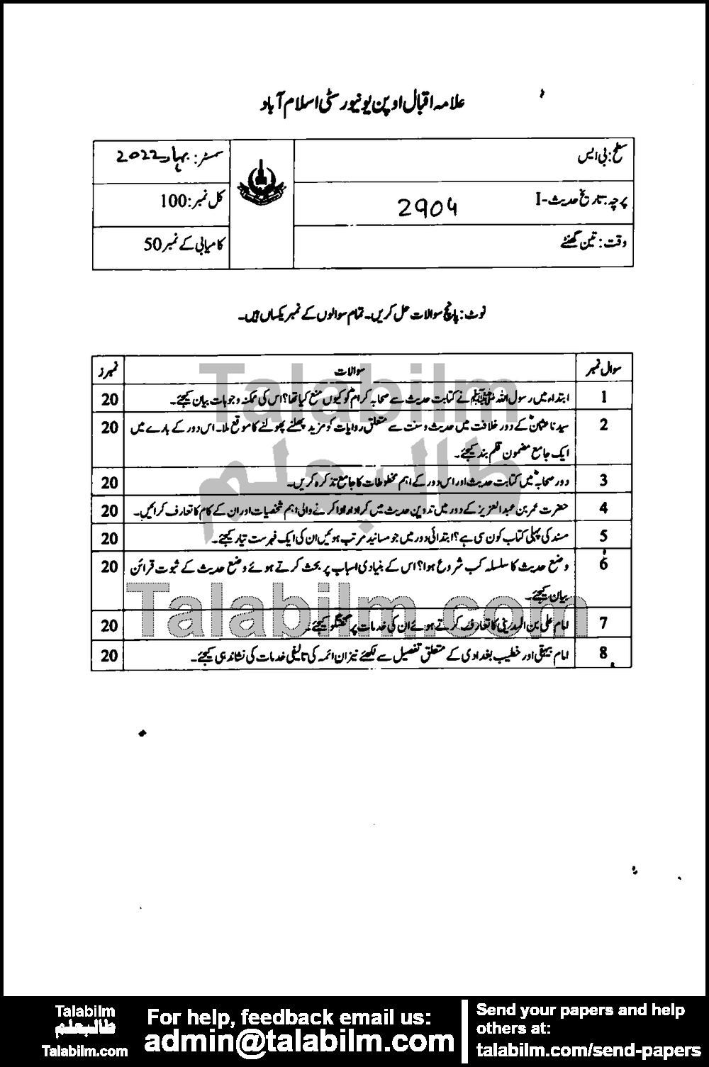 History of Hadith-I 2904 past paper for Spring 2022