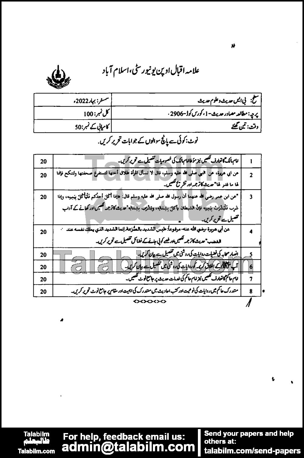 Study of Masadir-E-Hadith-II 2906 past paper for Spring 2022