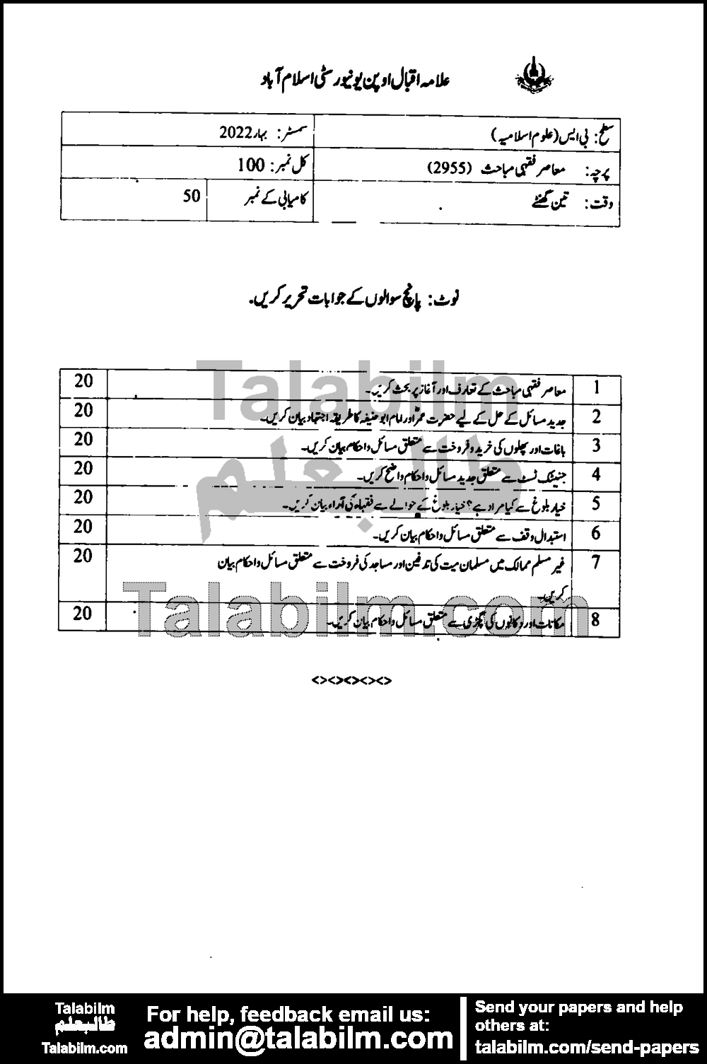 Contemporary Fiqhi Issues 2955 past paper for Spring 2022