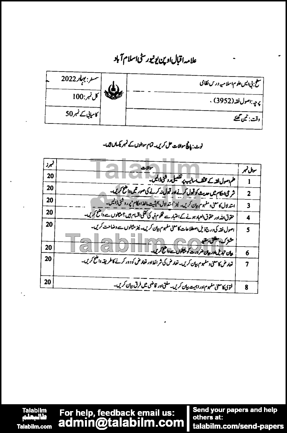 Usool e Fiqh 3952 past paper for Spring 2022