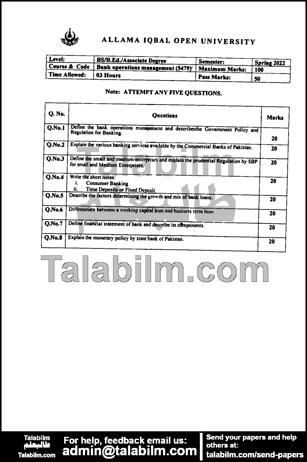 Bank Operations Management 5479 past paper for Spring 2022