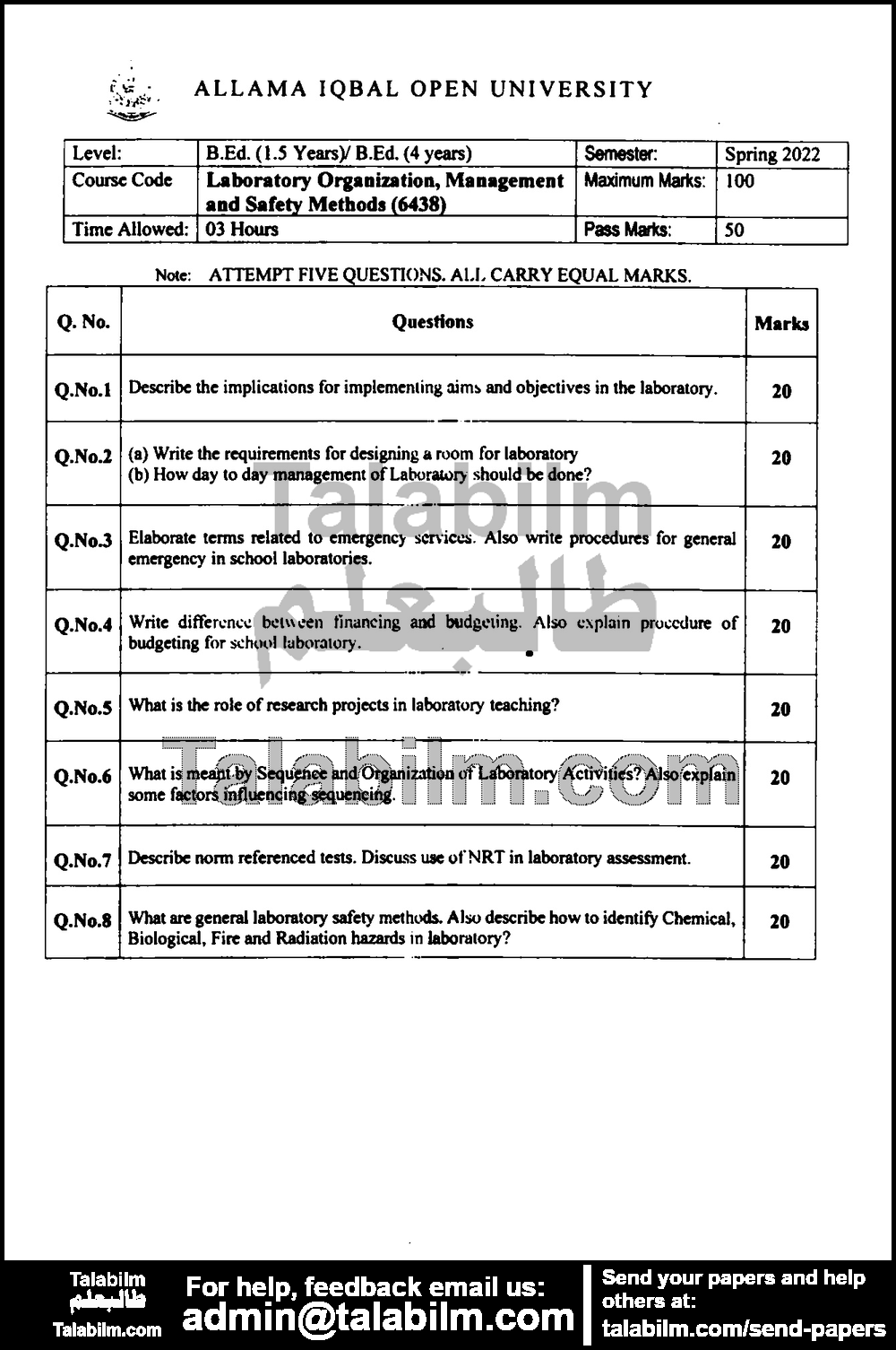 Laboratory Organization, Management and Safety Methods 6438 past paper for Spring 2022