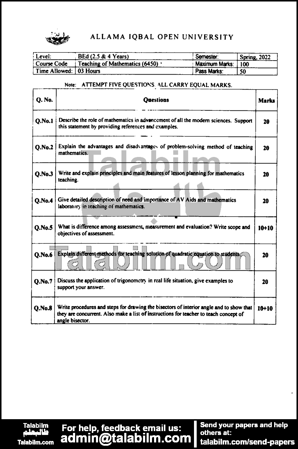 Teaching of Mathematics 6450 past paper for Spring 2022