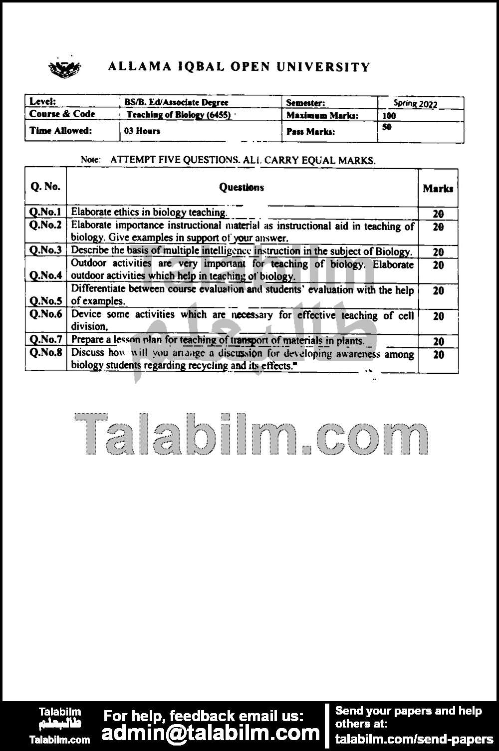 Teaching of Biology 6455 past paper for Spring 2022