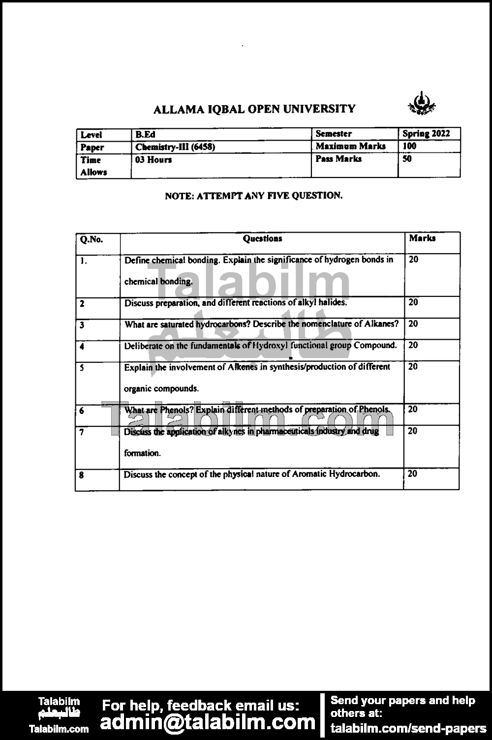 Chemistry-III 6458 past paper for Spring 2022