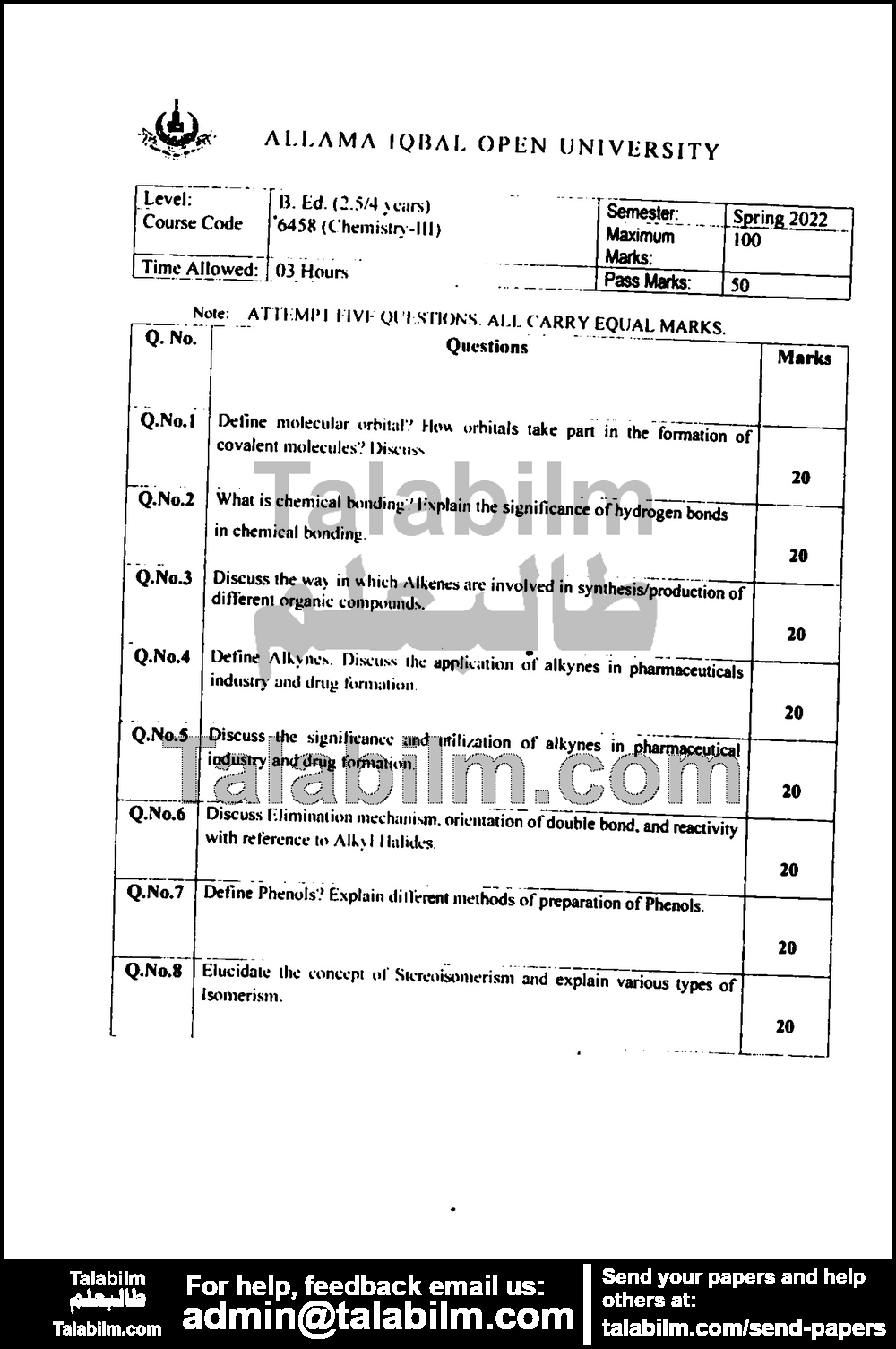 Chemistry-III 6458 past paper for Spring 2022 Page No. 2