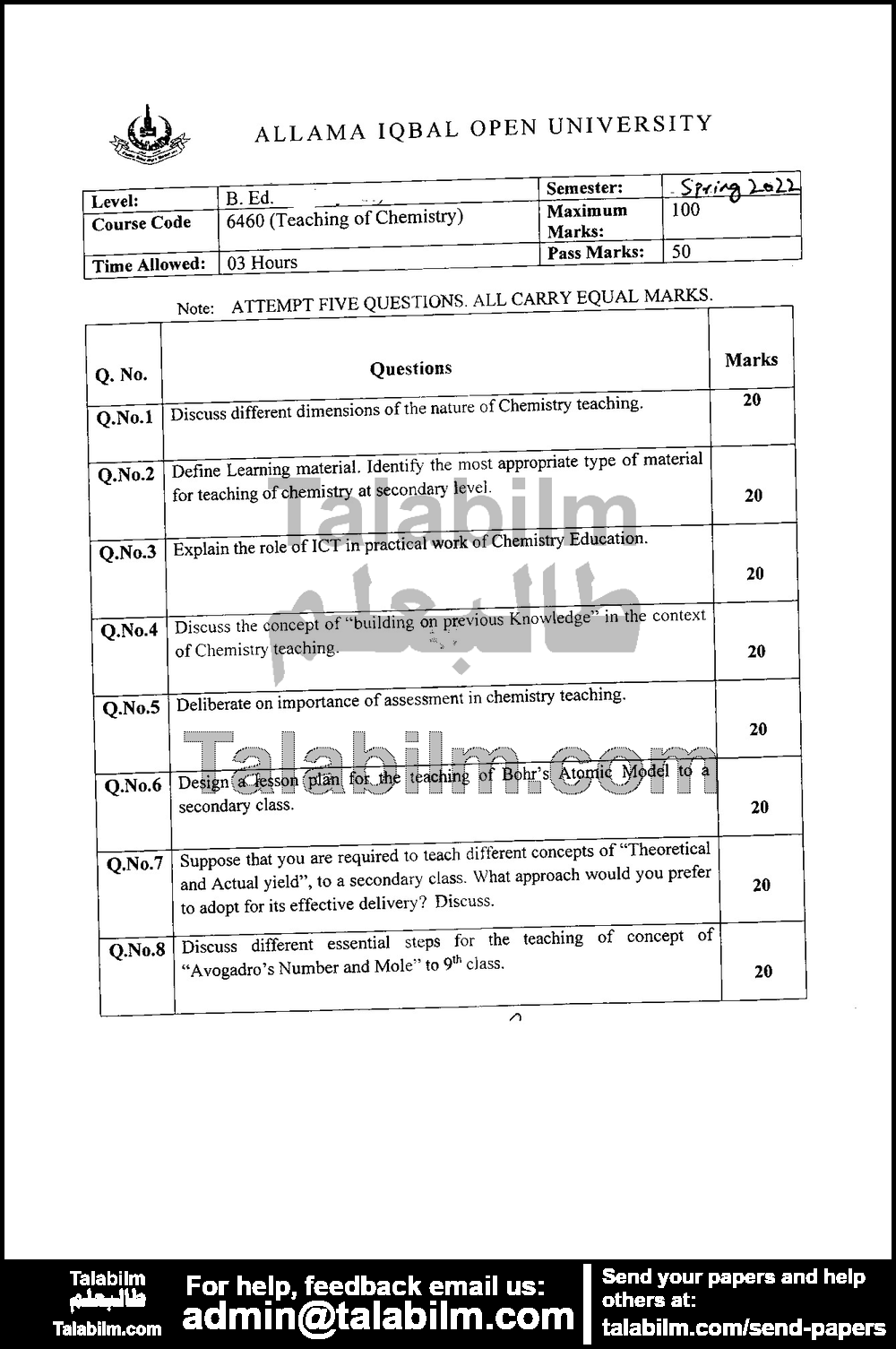 Teaching of Chemistry 6460 past paper for Spring 2022