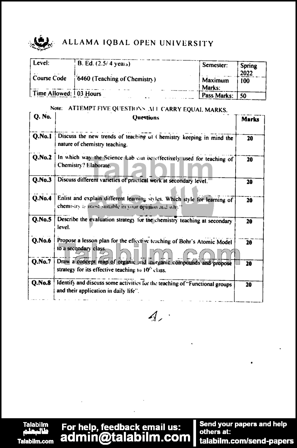 Teaching of Chemistry 6460 past paper for Spring 2022 Page No. 2