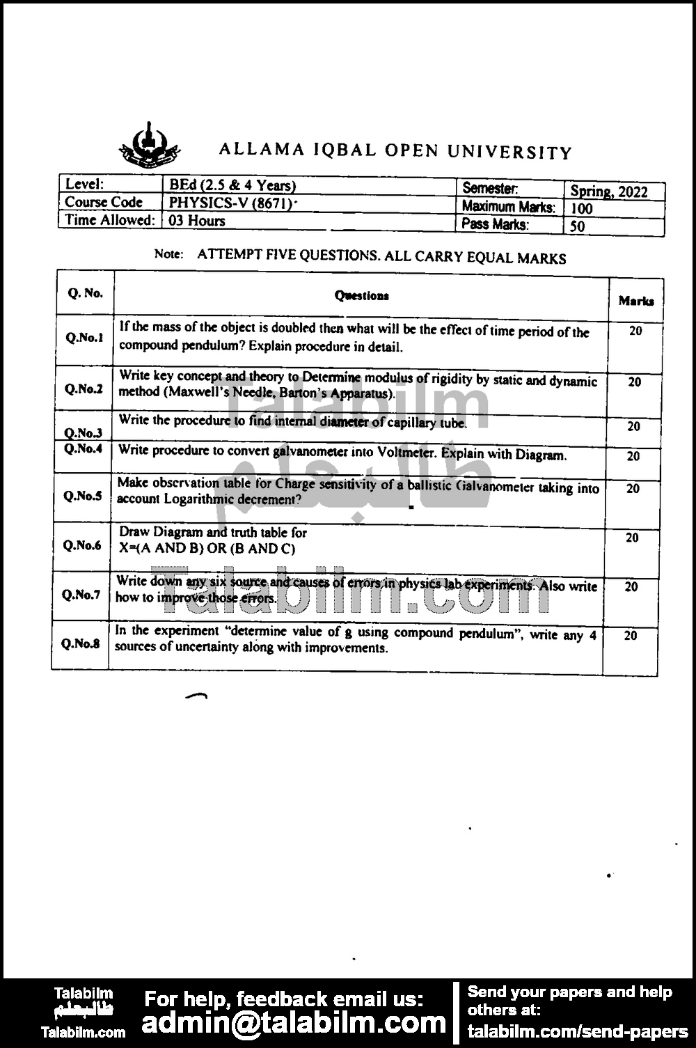 Physics-V 8671 past paper for Spring 2022