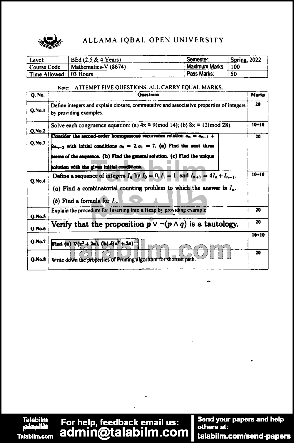 Mathematics-V 8674 past paper for Spring 2022