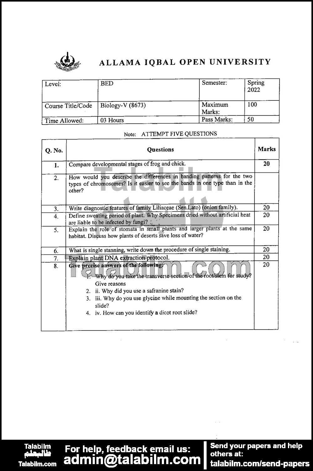 Biology-V 8673 past paper for Spring 2022