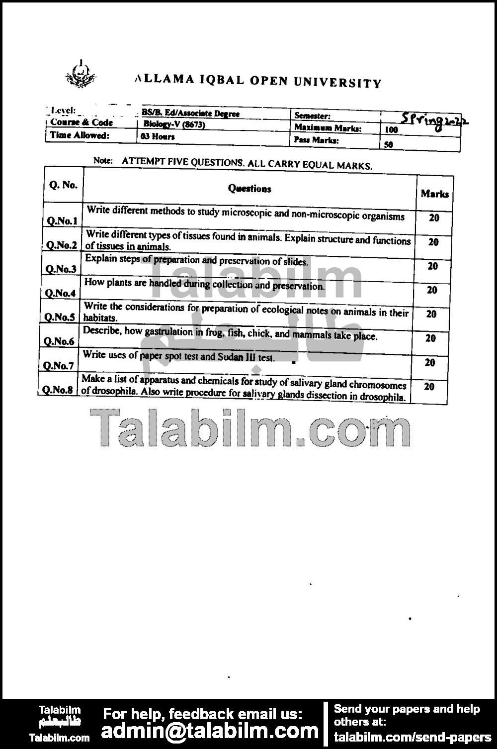 Biology-V 8673 past paper for Spring 2022 Page No. 2