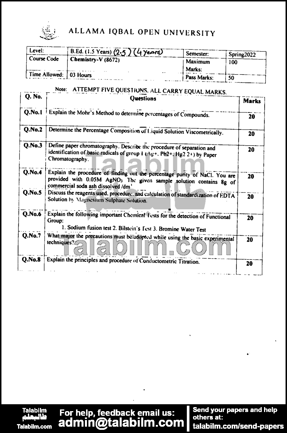 Chemistry-V 8672 past paper for Spring 2022