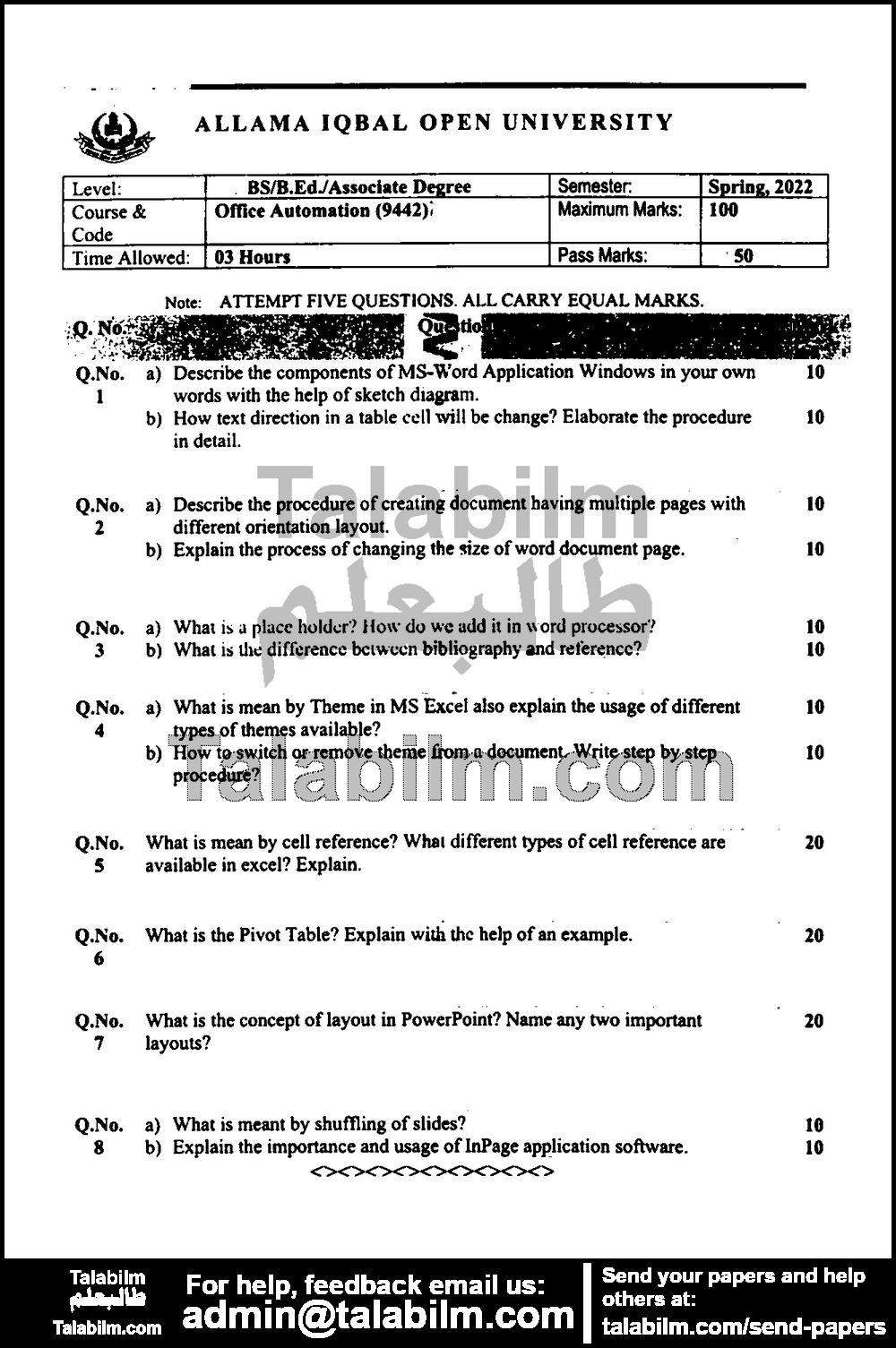 Office Automation 9442 past paper for Spring 2022