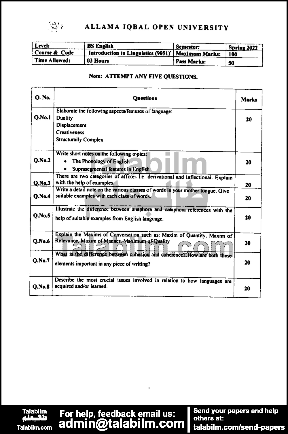 Introduction to Linguistics 9051 past paper for Spring 2022