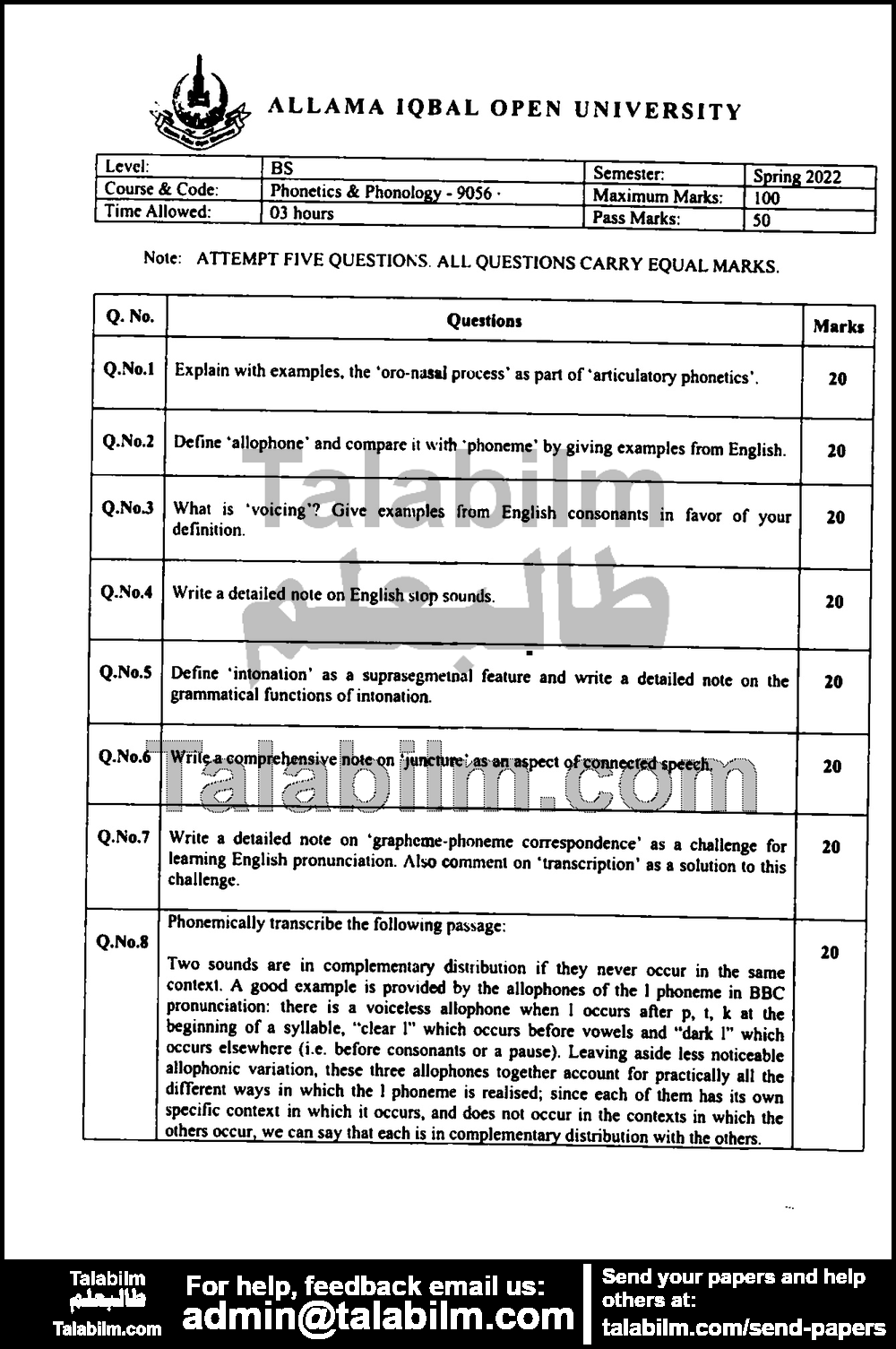 Phonetics & Phonology 9056 past paper for Spring 2022