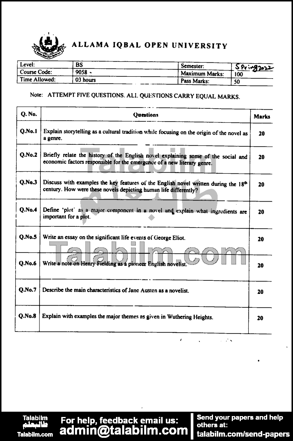 Classical Novel 9058 past paper for Spring 2022