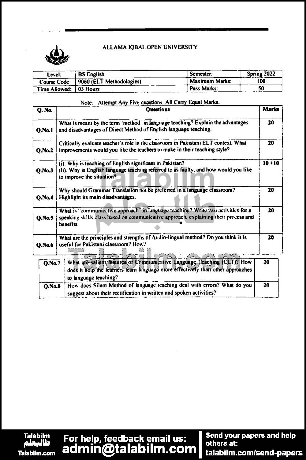 ELT Methodologies 9060 past paper for Spring 2022