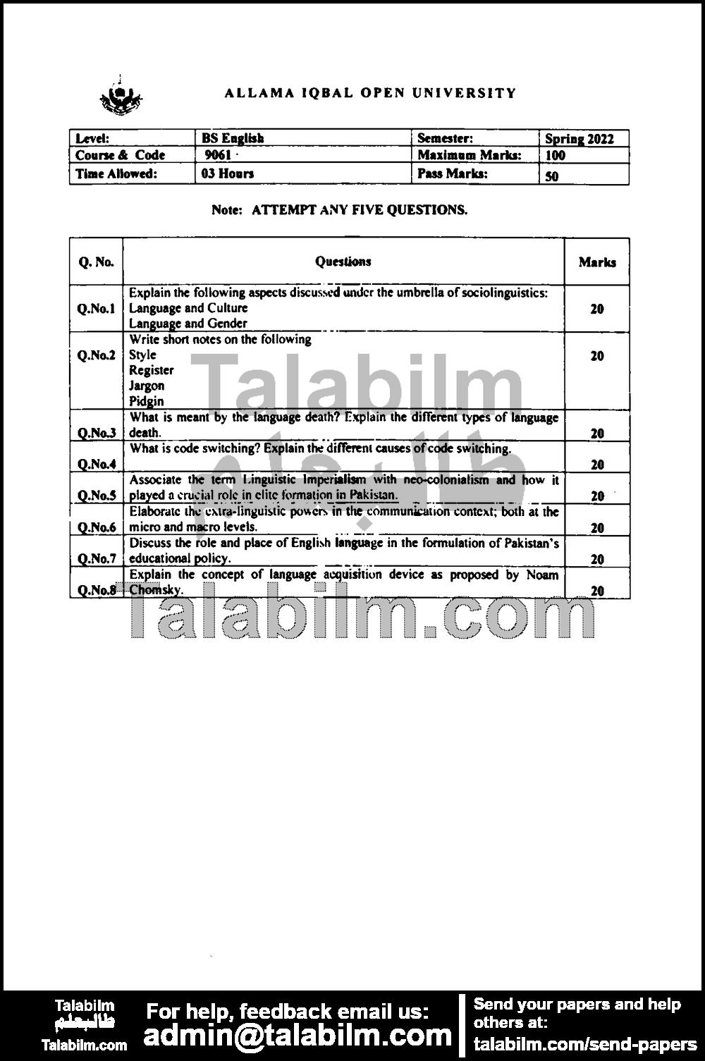 Sociolinguistics 9061 past paper for Spring 2022